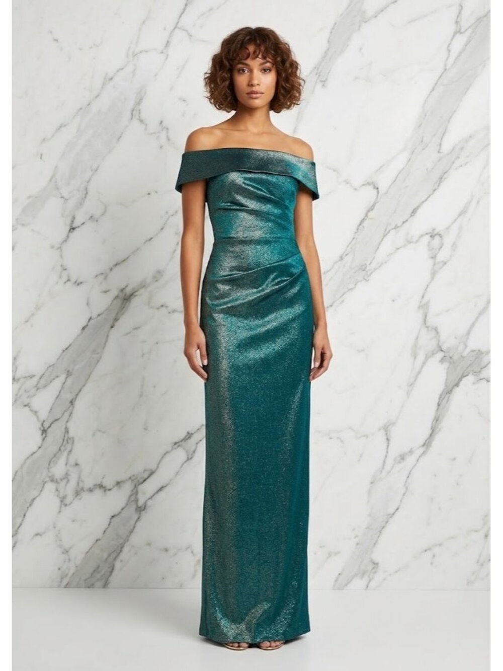 NWT Rickie Freeman for Teri Jon Metallic Jacquard Off-Shoulder Column Gown 8